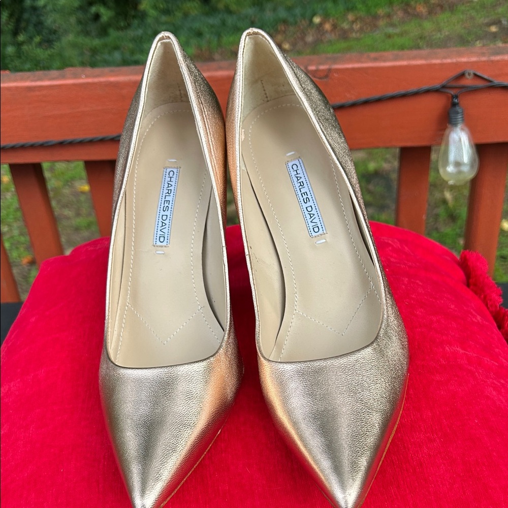 Charles David Gold Pointed Toe Heels